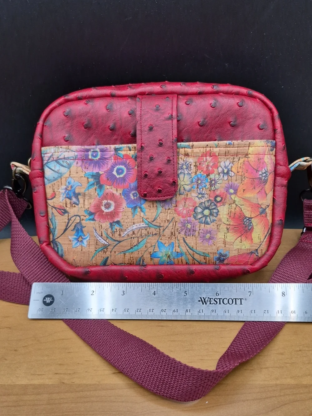 Elba Creations Floral Cork Crossbody Bag Burgundy Ostrich Vegan Leather